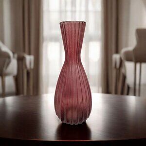 Vintage Cranberry Glass Vase – 15.5” Tall – Ribbed Art Glass–Elegant Mid-Century